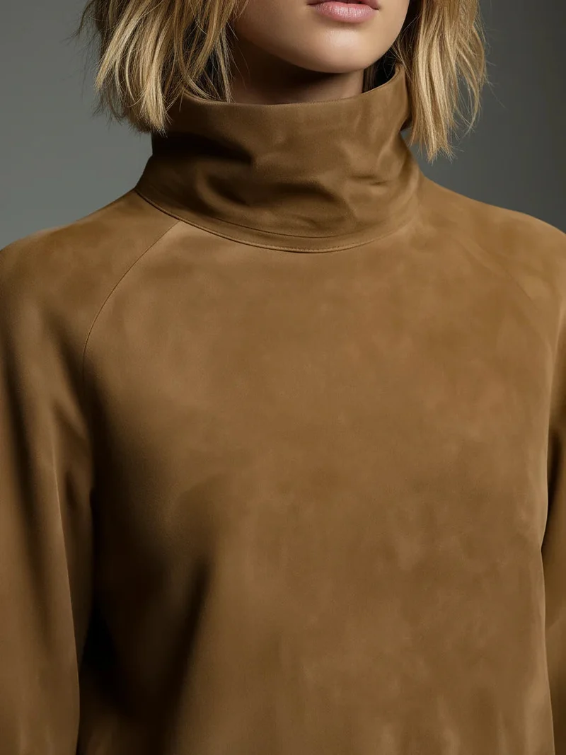 Damen-Minikleid aus Wildleder mit Rollkragen und lockerem Schnitt