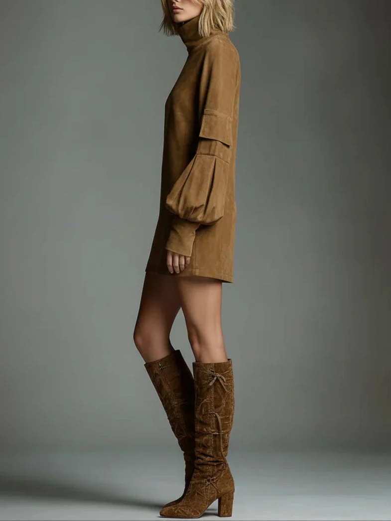 Damen-Minikleid aus Wildleder mit Rollkragen und lockerem Schnitt