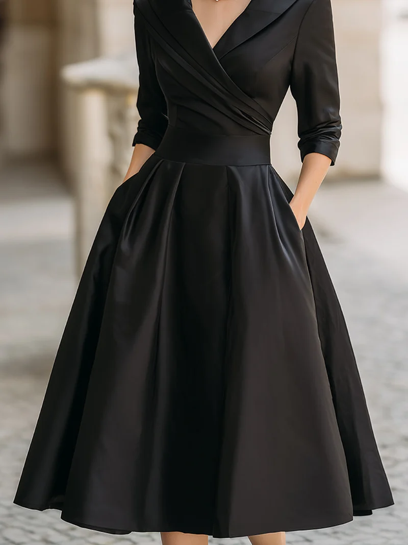 Satin-Midi-Kleid für Damen | A-Linie mit Schalkragen