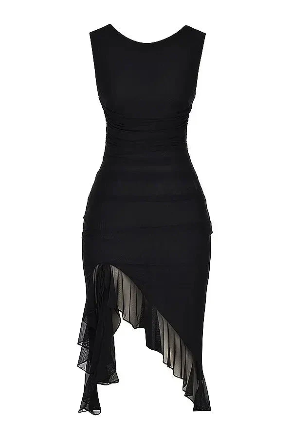 Midi-Kleid für Damen mit Rüschen und figurbetonter Passform | Ärmellos mit Rüschen