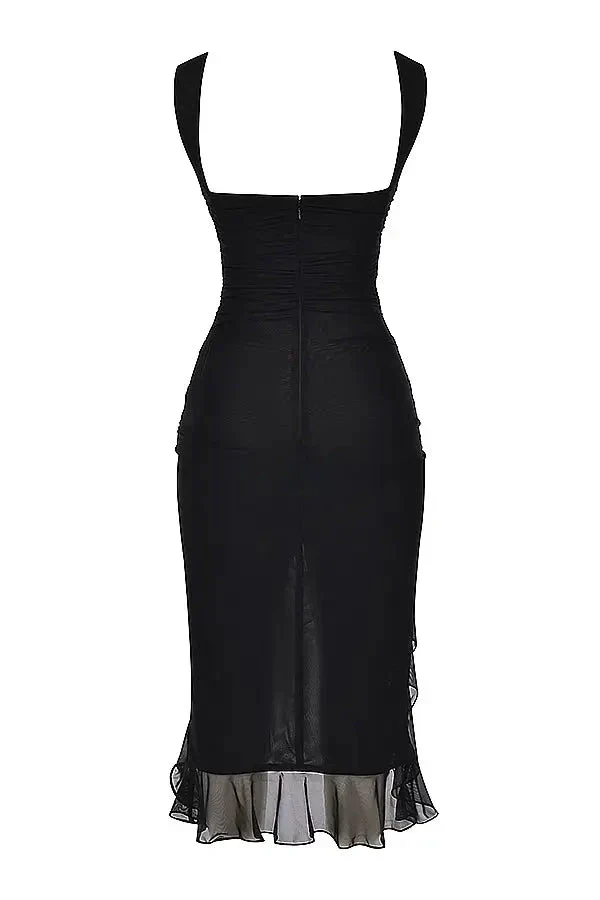 Midi-Kleid für Damen mit Rüschen und figurbetonter Passform | Ärmellos mit Rüschen