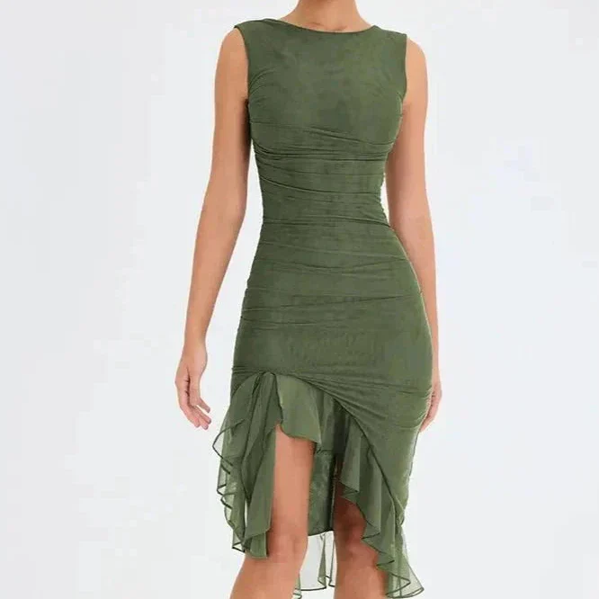 Midi-Kleid für Damen mit Rüschen und figurbetonter Passform | Ärmellos mit Rüschen