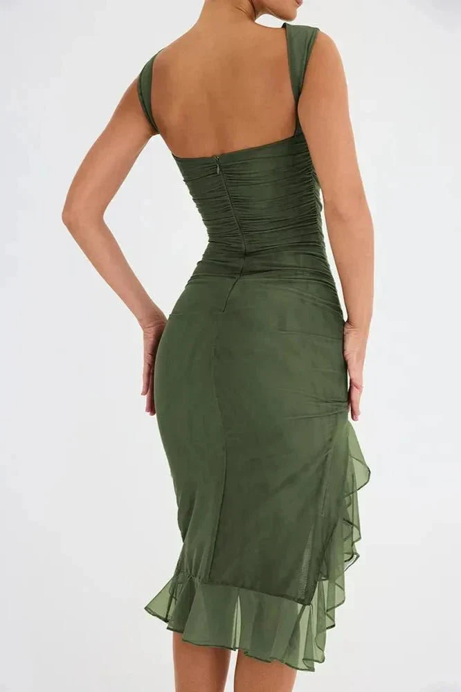 Midi-Kleid für Damen mit Rüschen und figurbetonter Passform | Ärmellos mit Rüschen