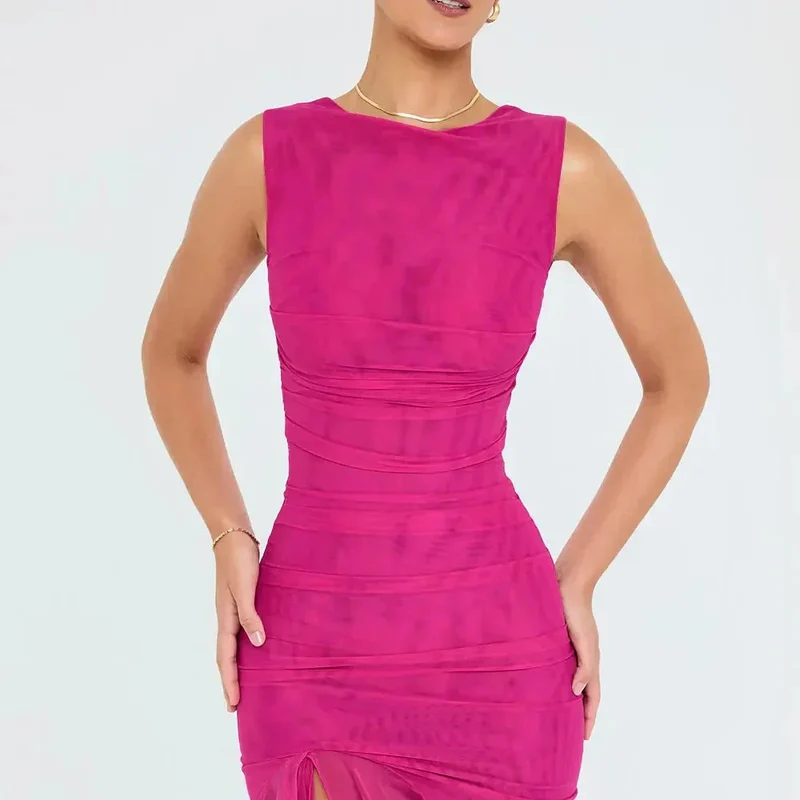 Midi-Kleid für Damen mit Rüschen und figurbetonter Passform | Ärmellos mit Rüschen