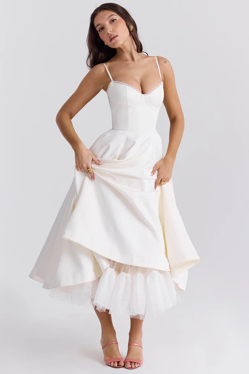 Satin-Korsett-Midi-Kleid für Damen | Hochzeitsgast