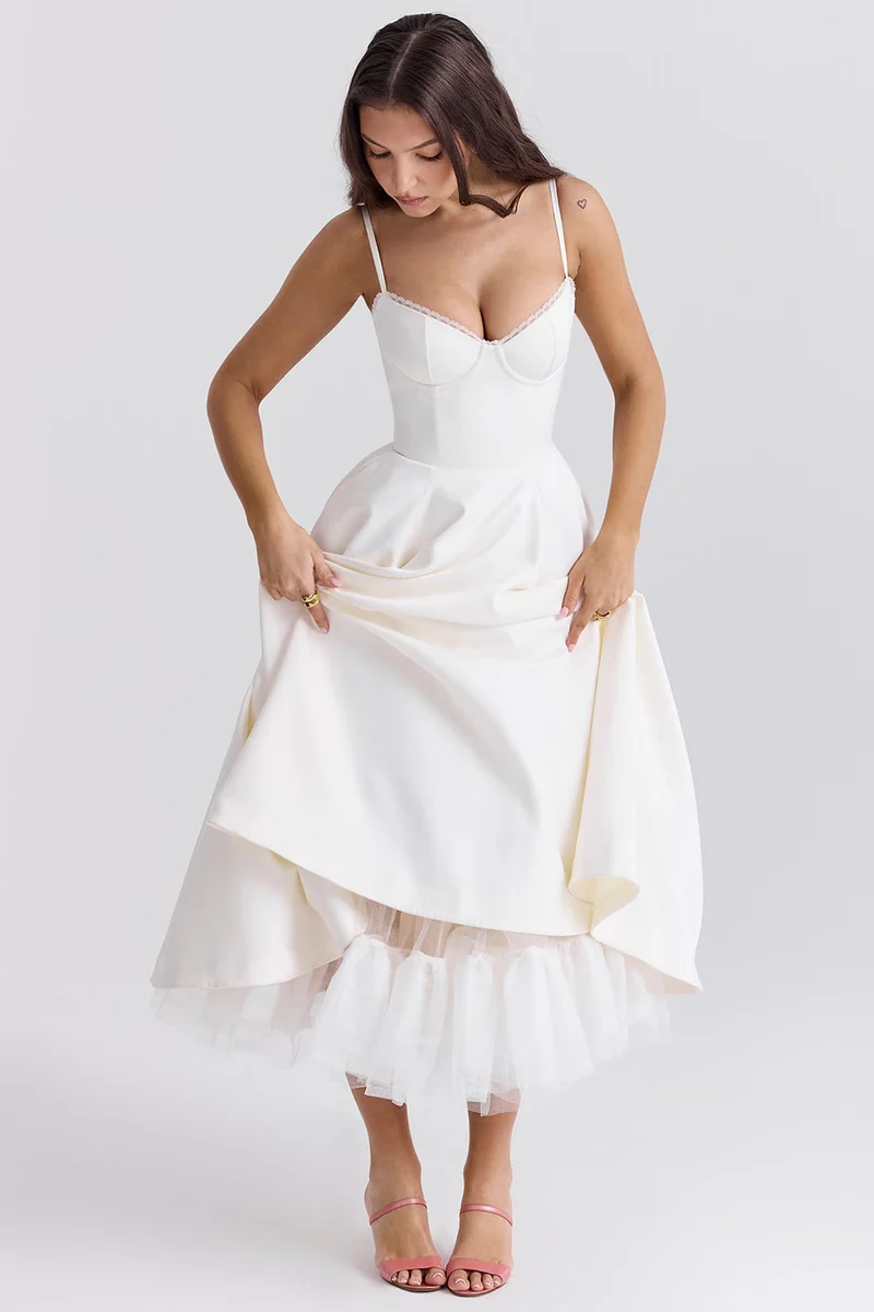 Satin-Korsett-Midi-Kleid für Damen | Hochzeitsgast