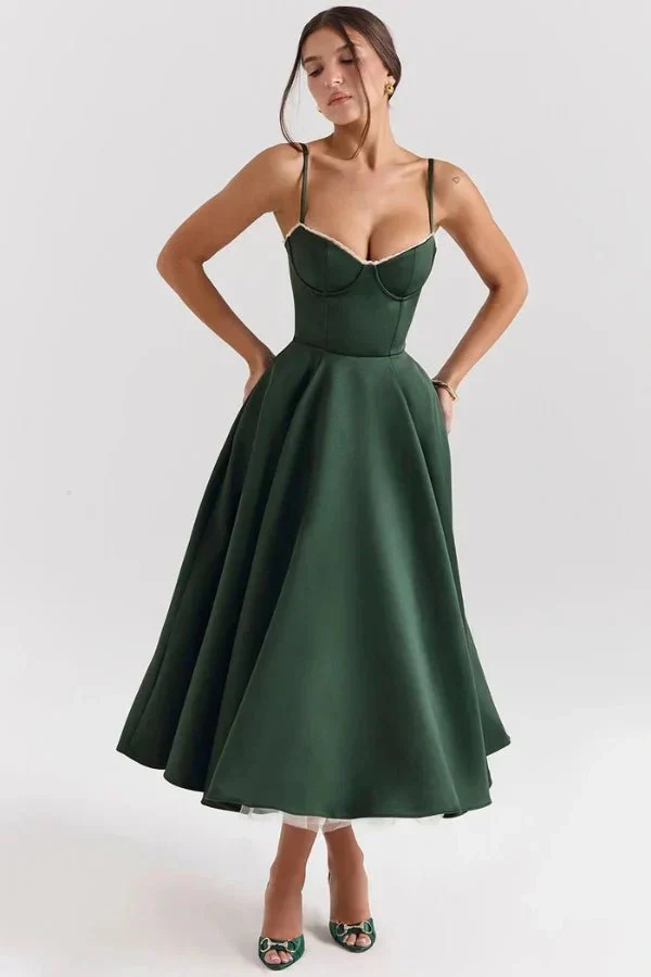 Satin-Korsett-Midi-Kleid für Damen | Hochzeitsgast