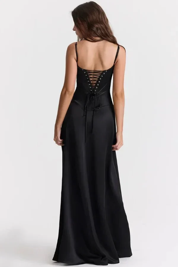 Satin-Maxikleid für Damen | Korsett-Rücken mit Schnürung