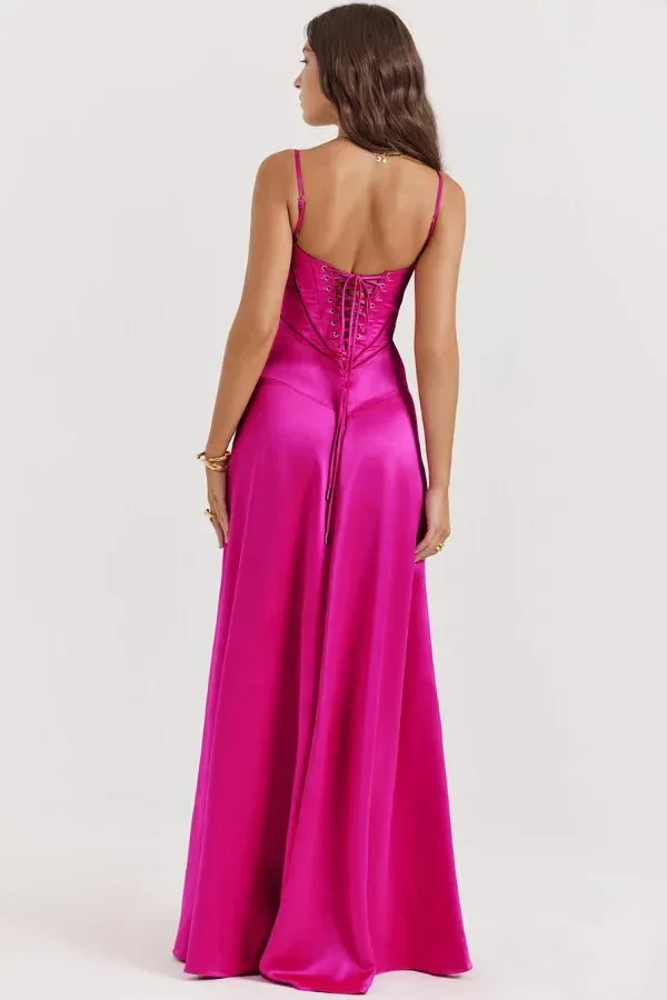 Satin-Maxikleid für Damen | Korsett-Rücken mit Schnürung