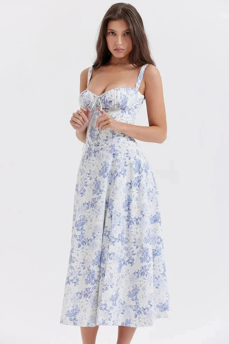 Midi-Kleid mit Blumenmuster für Damen | Korsett mit Seitenschlitz