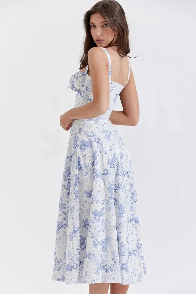 Midi-Kleid mit Blumenmuster für Damen | Korsett mit Seitenschlitz