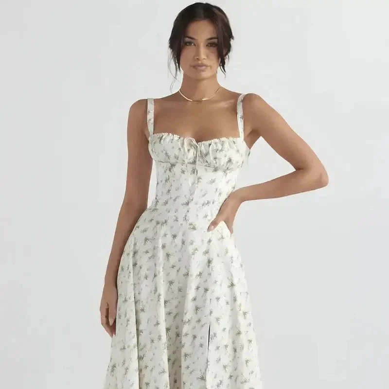 Midi-Kleid mit Blumenmuster für Damen | Korsett mit Seitenschlitz
