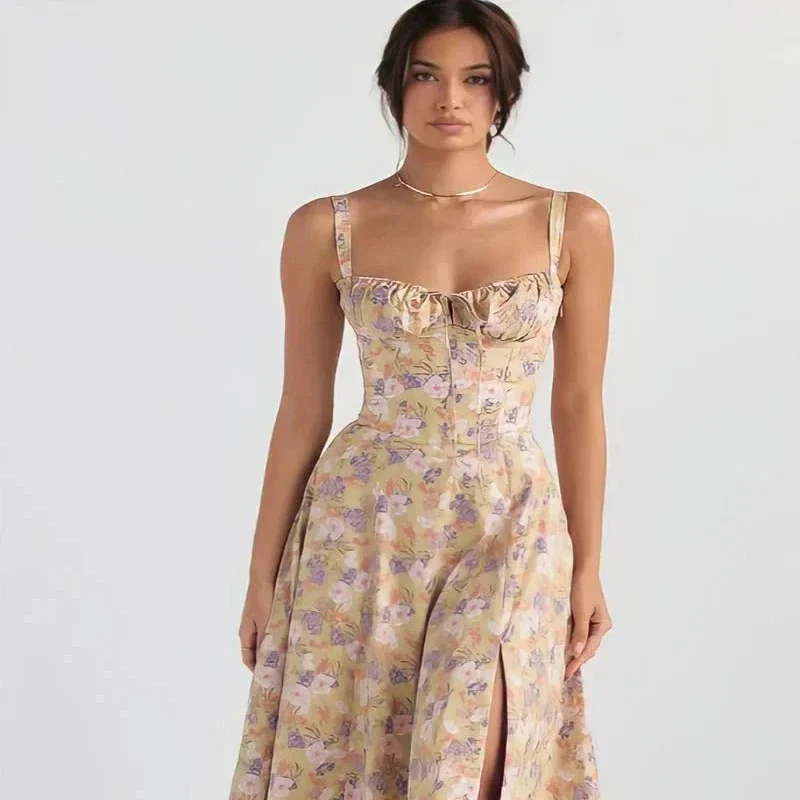 Midi-Kleid mit Blumenmuster für Damen | Korsett mit Seitenschlitz