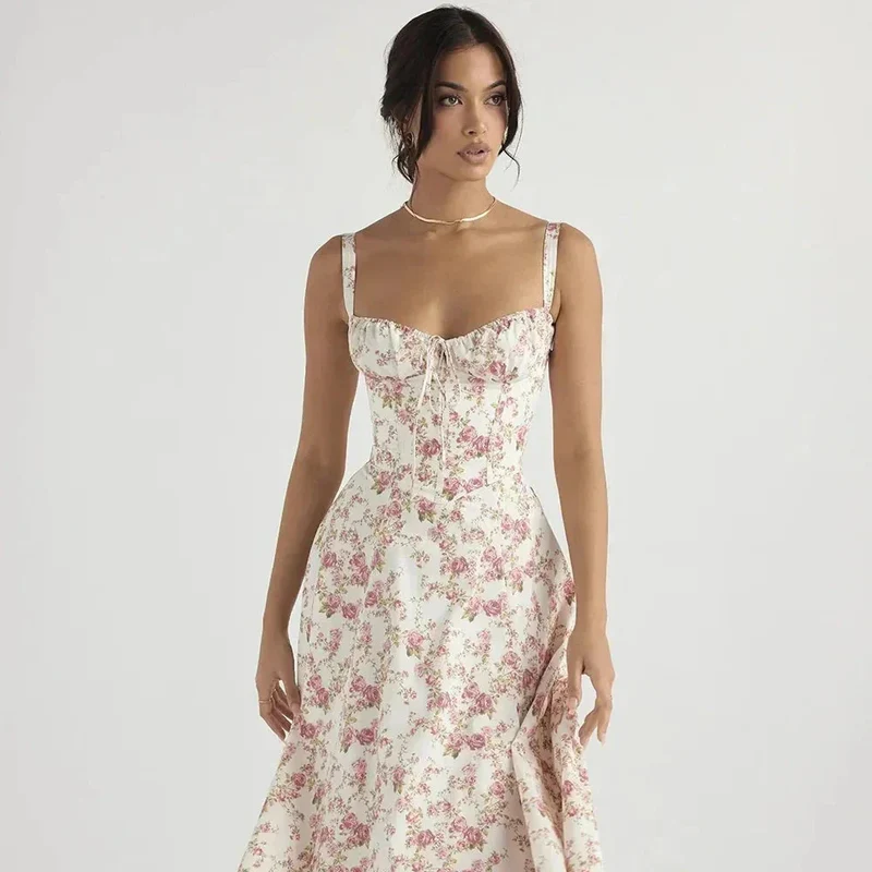 Midi-Kleid mit Blumenmuster für Damen | Korsett mit Seitenschlitz