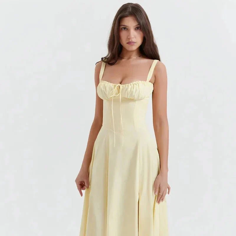 Midi-Kleid mit Blumenmuster für Damen | Korsett mit Seitenschlitz