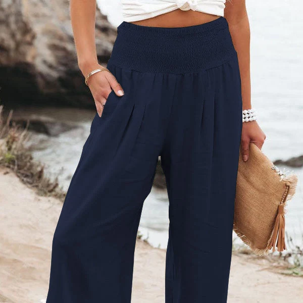 Damenhose aus Leinenmischung mit Smokarbeit und Taschen