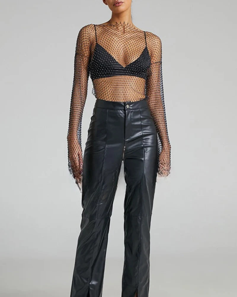 Damen-Top aus Diamant-Mesh mit Glockenärmeln