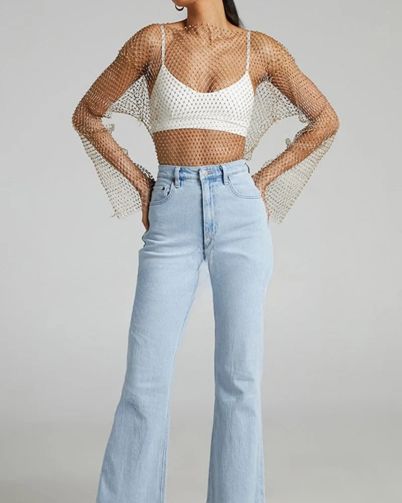 Damen-Top aus Diamant-Mesh mit Glockenärmeln
