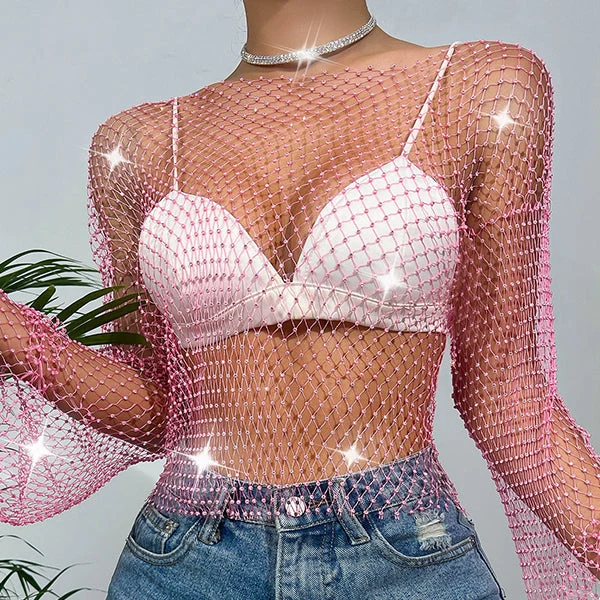 Damen-Top aus Diamant-Mesh mit Glockenärmeln