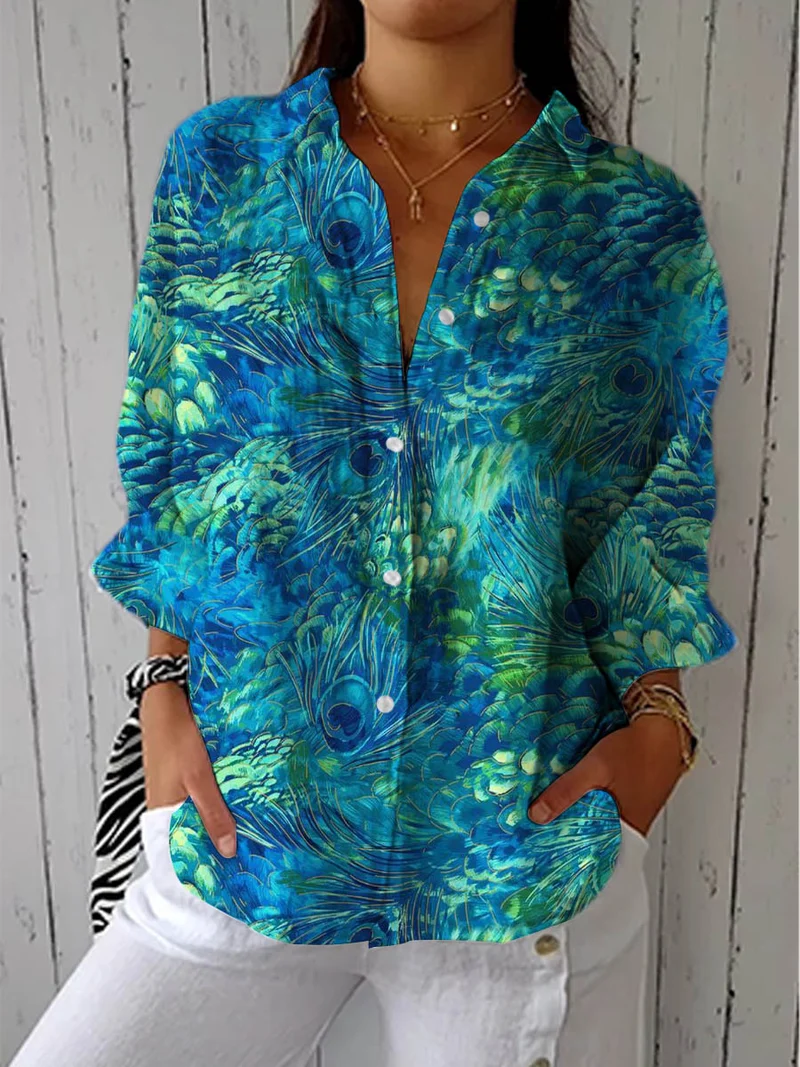 Klara | Damen Elegante Pfauenmuster Bluse – Pfauen Print Bluse Sommer 2026