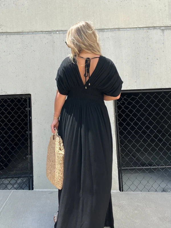 Nina | Damen Maxi Kleid V-Ausschnitt Schlitz Fließend