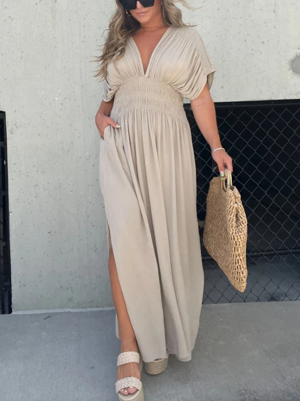 Nina | Damen Maxi Kleid V-Ausschnitt Schlitz Fließend