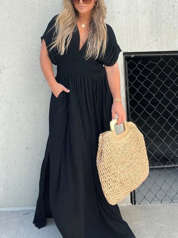 Nina | Damen Maxi Kleid V-Ausschnitt Schlitz Fließend