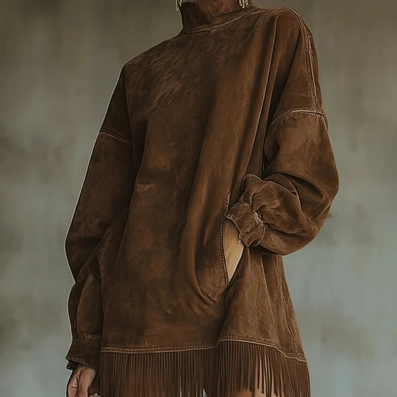 Damenkleid mit Rollkragen, aus Kunstwildleder mit Fransen