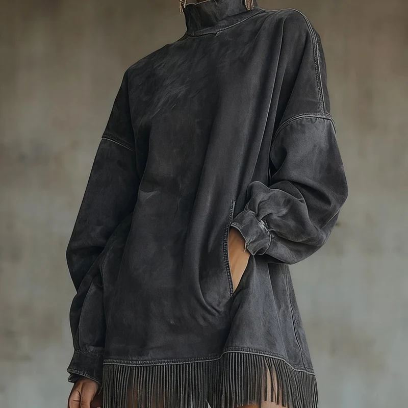 Damenkleid mit Rollkragen, aus Kunstwildleder mit Fransen