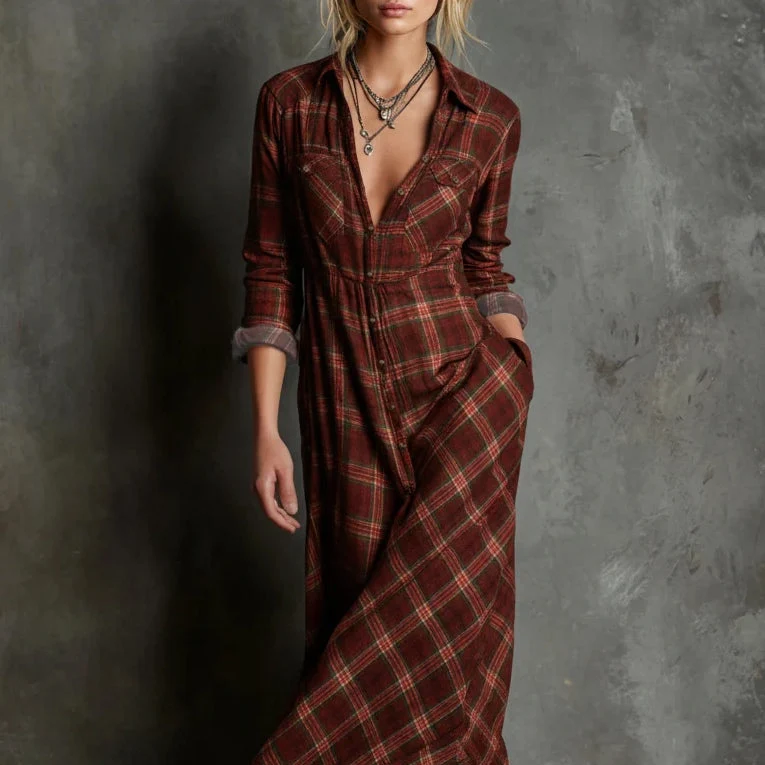 Maxikleid für Damen im Karomuster – Lässiger Stil mit Knöpfen