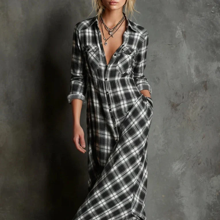 Maxikleid für Damen im Karomuster – Lässiger Stil mit Knöpfen