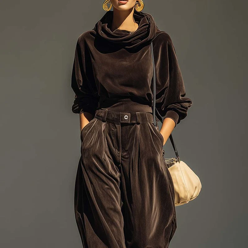 Damen-Set aus Samt-Hoodie und Hose mit Gürtel