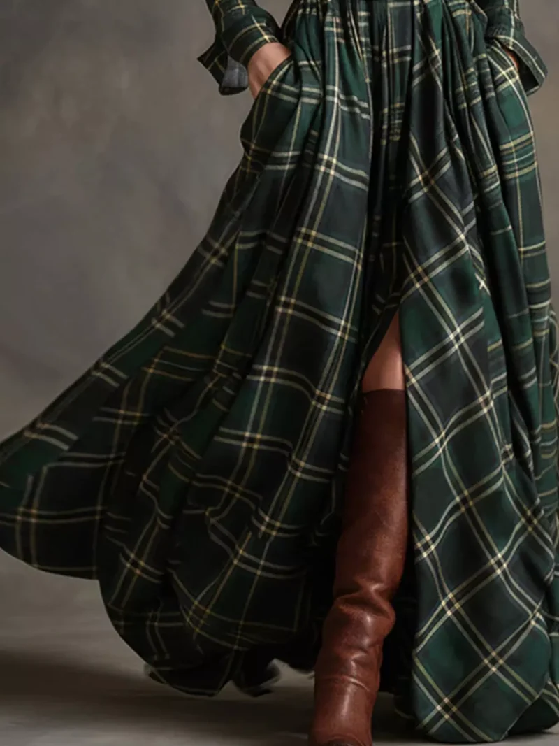 Damen-Maxikleid im Karomuster mit Knopfleiste