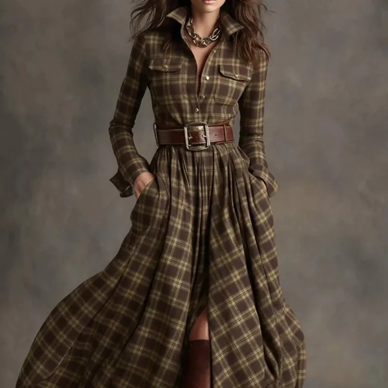 Damen-Maxikleid im Karomuster mit Knopfleiste