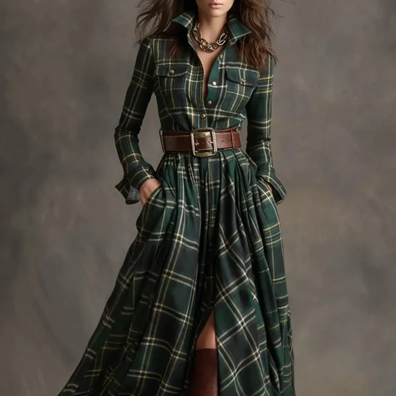 Damen-Maxikleid im Karomuster mit Knopfleiste