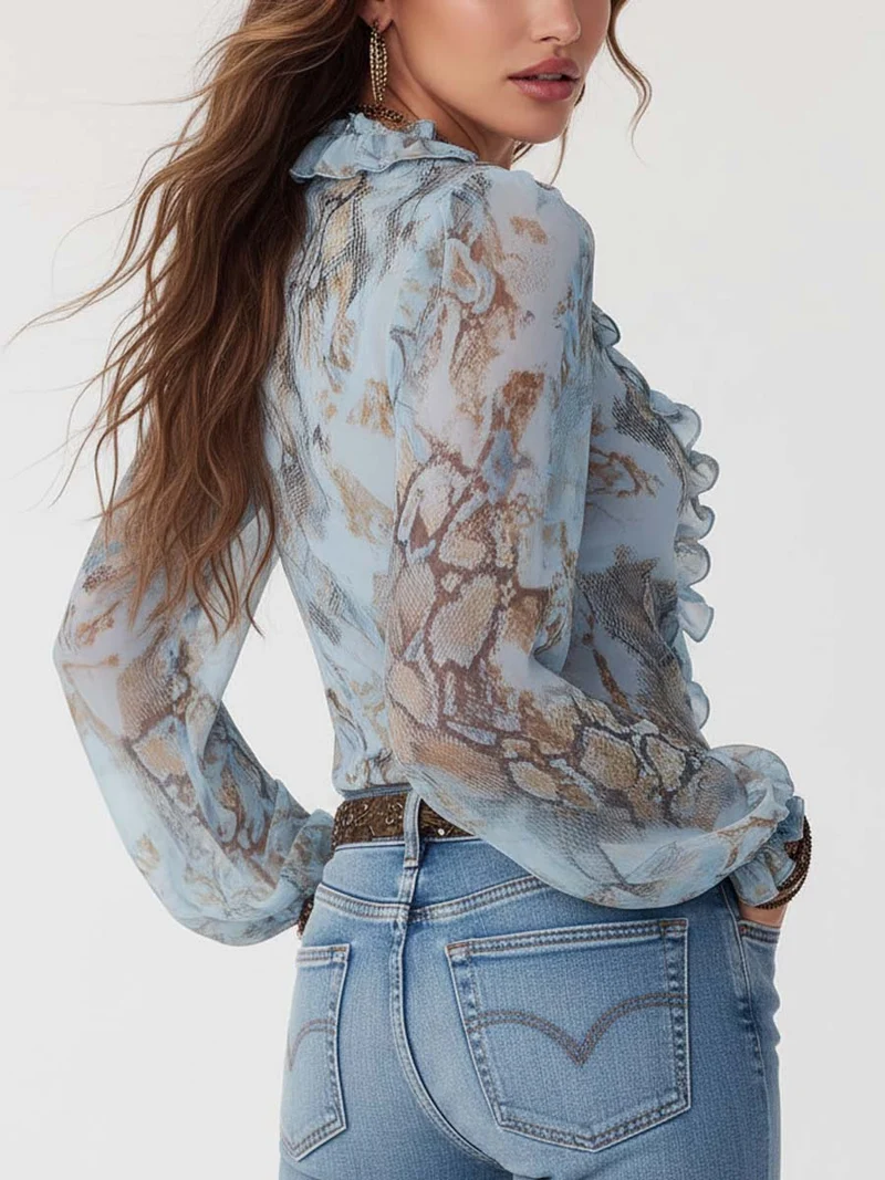 Damenbluse aus Chiffon mit Rüschen und Reißverschluss vorne
