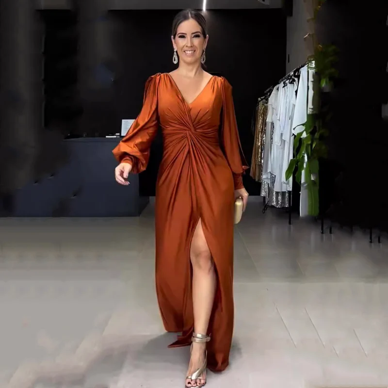 Greta | Damen Bodenlanges Kleid Glänzend Fließend Elegant