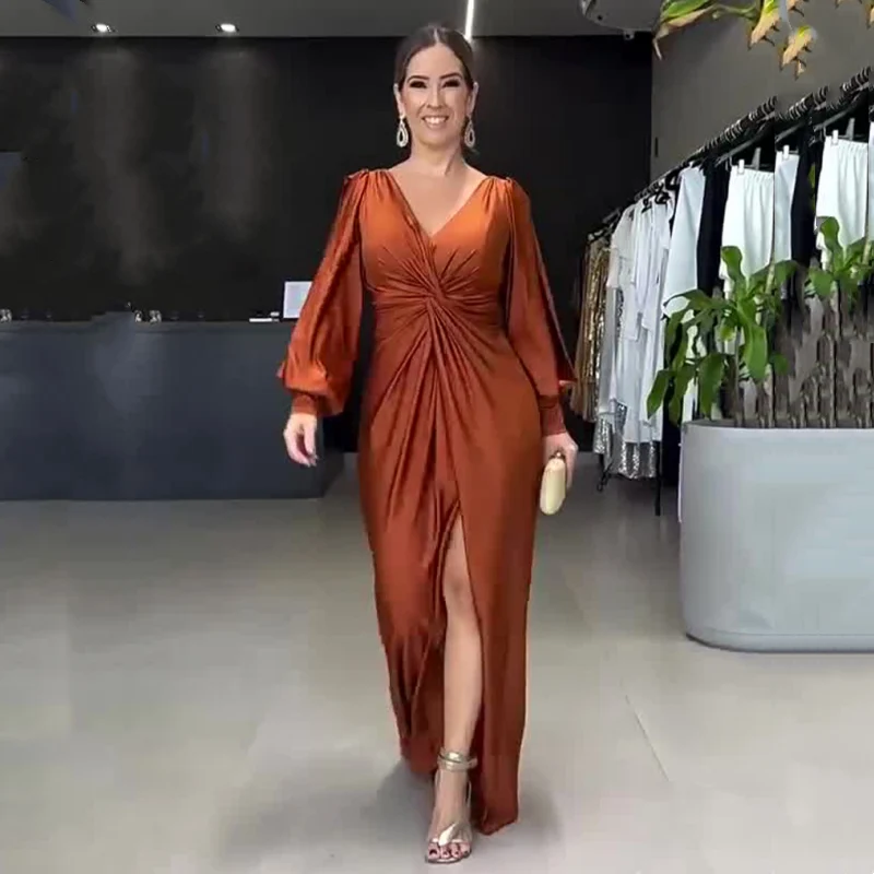 Greta | Damen Bodenlanges Kleid Glänzend Fließend Elegant