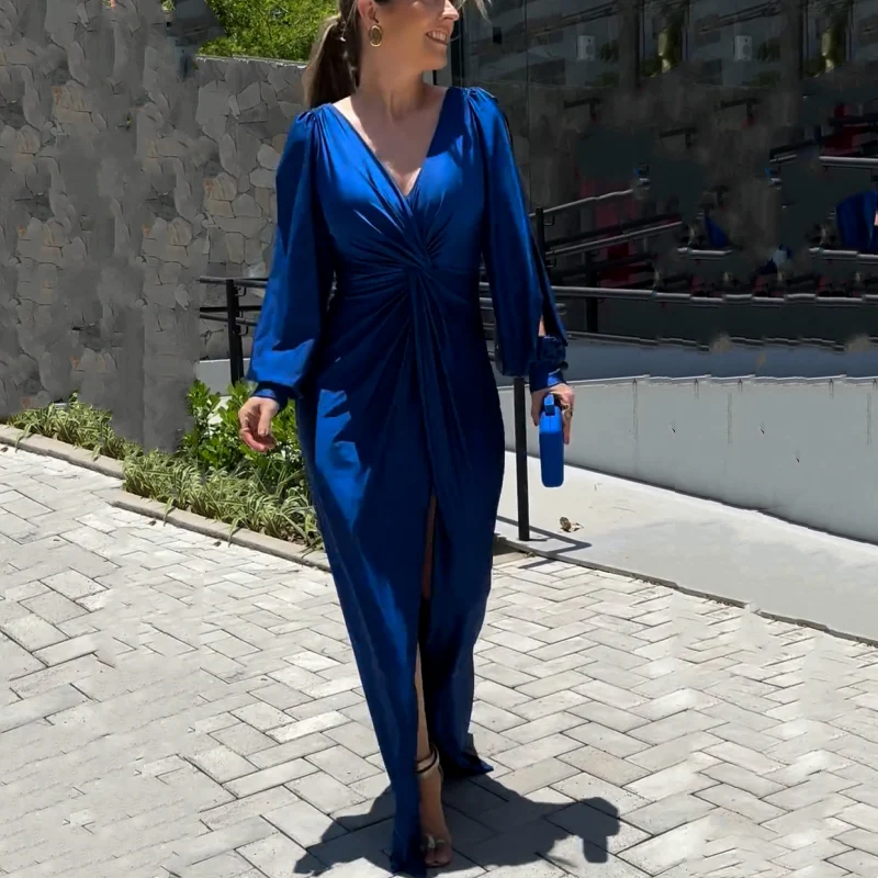 Greta | Damen Bodenlanges Kleid Glänzend Fließend Elegant