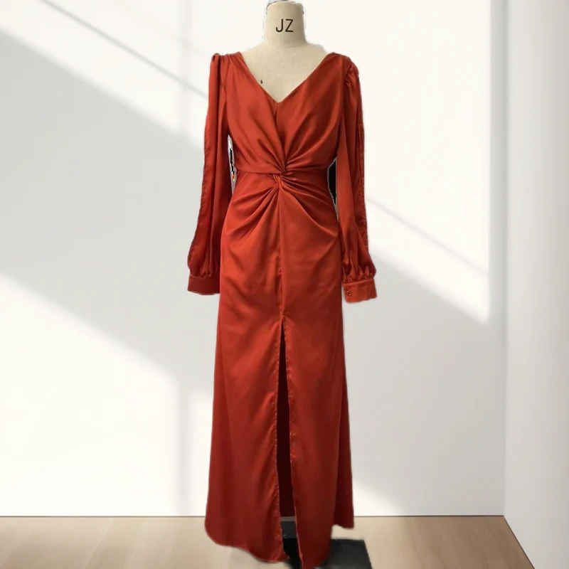 Greta | Damen Bodenlanges Kleid Glänzend Fließend Elegant