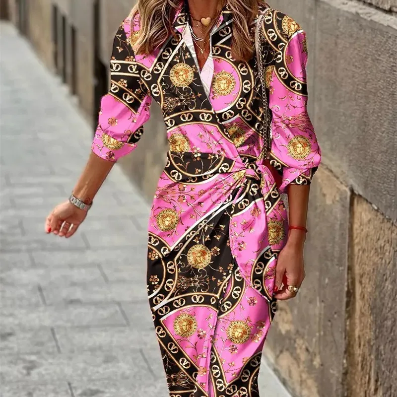 Damen-Wickelkleid mit Print, V-Ausschnitt und Bindegürtel