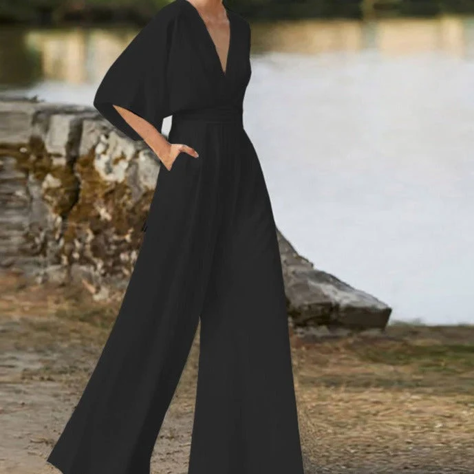 Damen-Jumpsuit mit V-Ausschnitt aus Baumwollmischung
