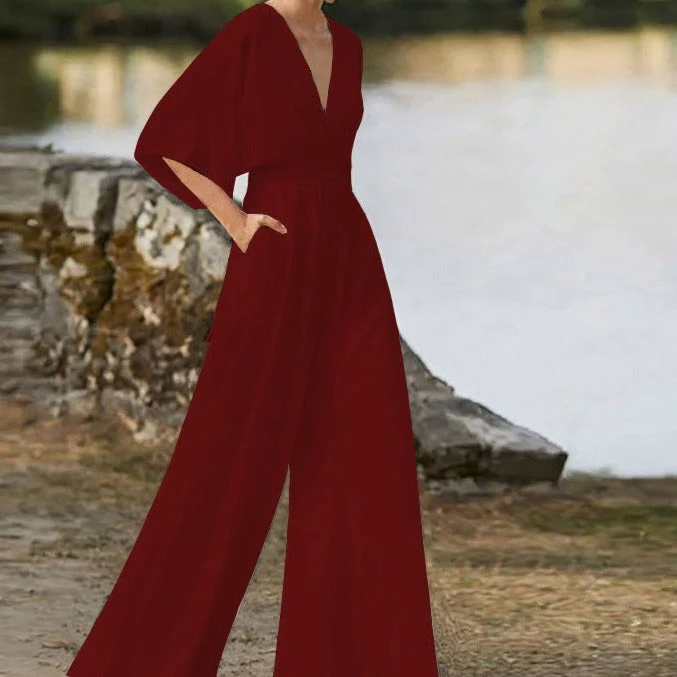 Damen-Jumpsuit mit V-Ausschnitt aus Baumwollmischung