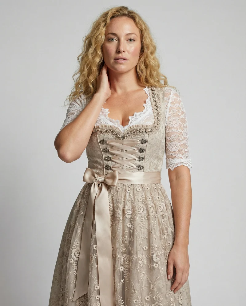 Dirndl für Damen mit geschnürtem Oberteil und Spitzenbluse