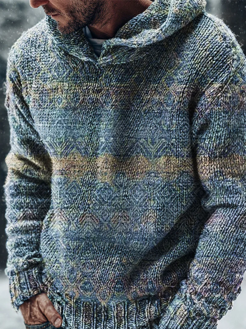 Jörg | Herren Strick Hoodie Vintage Streifen Blau Casual