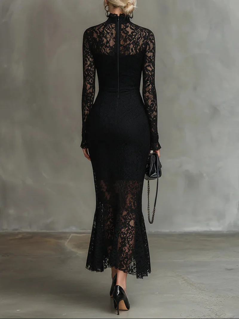 Veronika | Damen Spitzen Maxikleid Schwarz Elegant Feminin