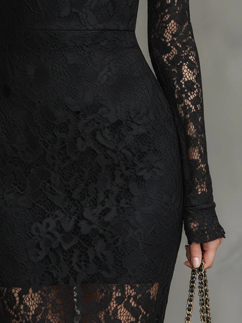 Veronika | Damen Spitzen Maxikleid Schwarz Elegant Feminin