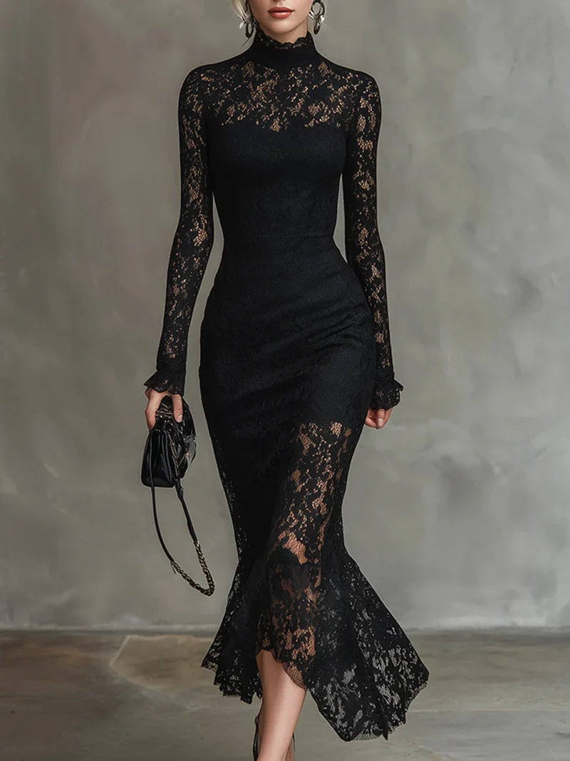 Veronika | Damen Spitzen Maxikleid Schwarz Elegant Feminin