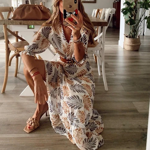 Elfriede | Maxikleid Mit Blattmuster Für Damen
