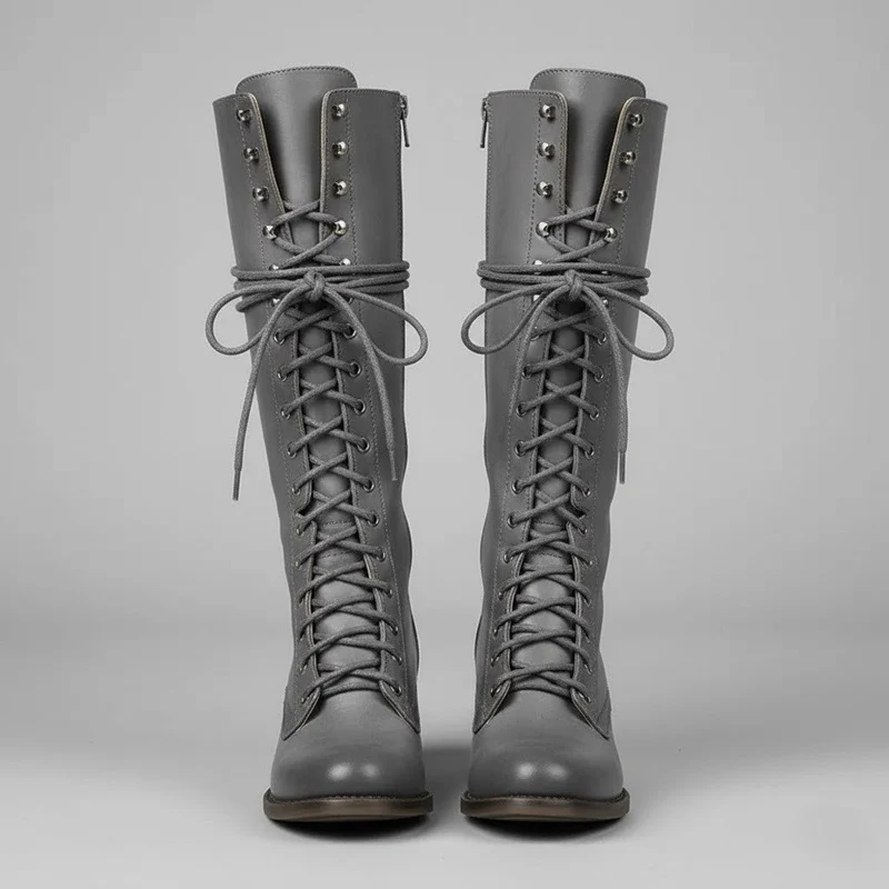Anja | Damen Kniehohe Stiefel Zum Schnüren Mit Blockabsatz